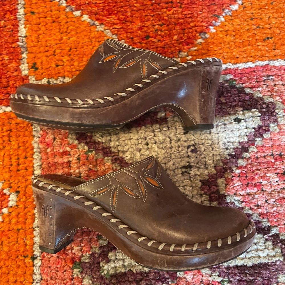 Frye Brown Leather Mules with Moccasin Stitching